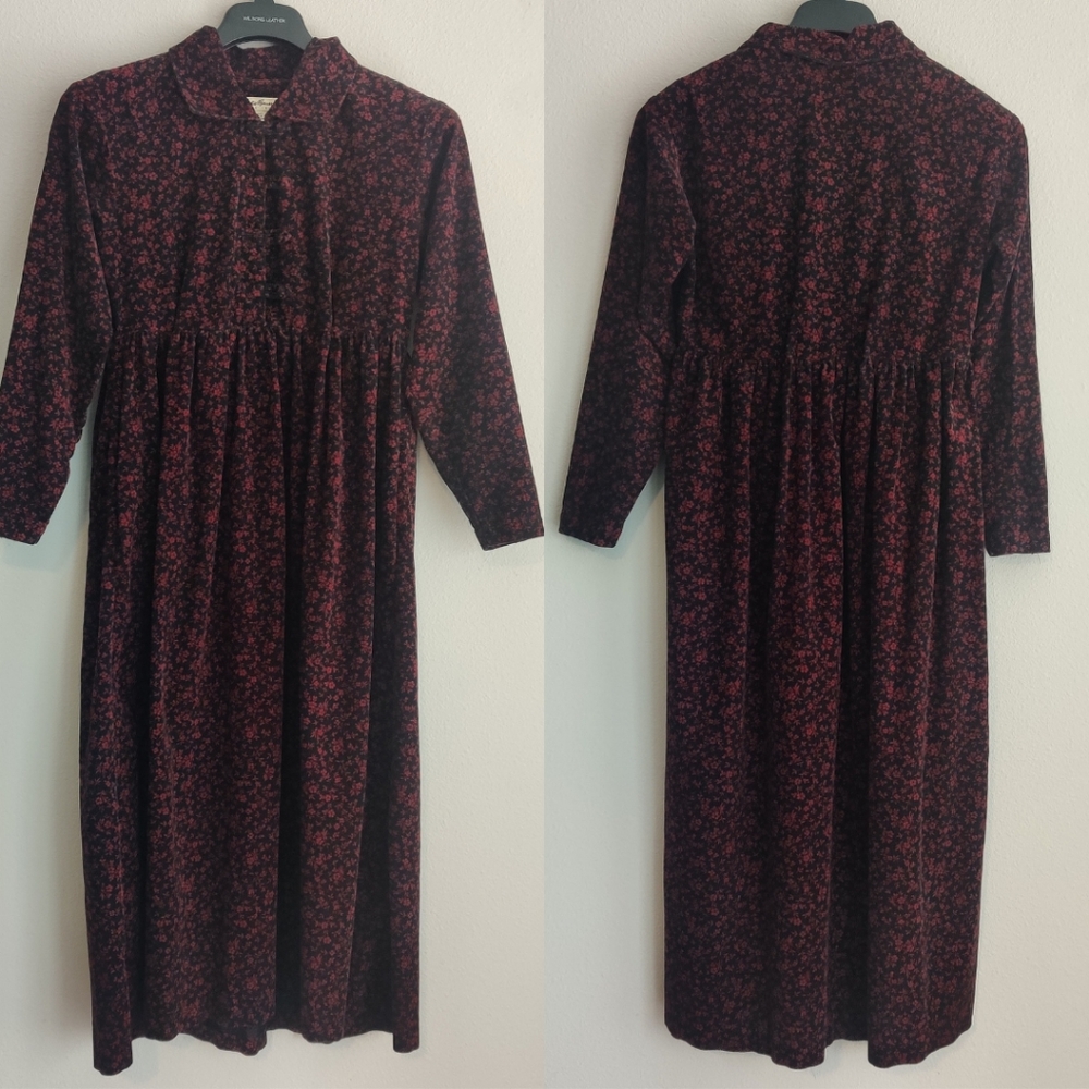 Vintage Eddie Bauer 90s Red and Black Corduroy Floral Dress Pockets Prairie Maxi